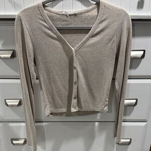 Caution To The Wind Ribbed Taupe Button-Down Top